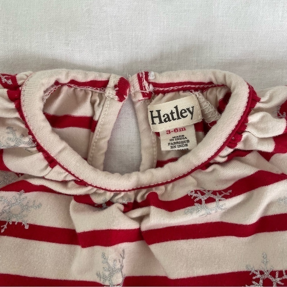 Hatley Girls 3-6mo Long Sleeve Knit Dress stripes snowflake red white ruffles - Picture 3 of 4